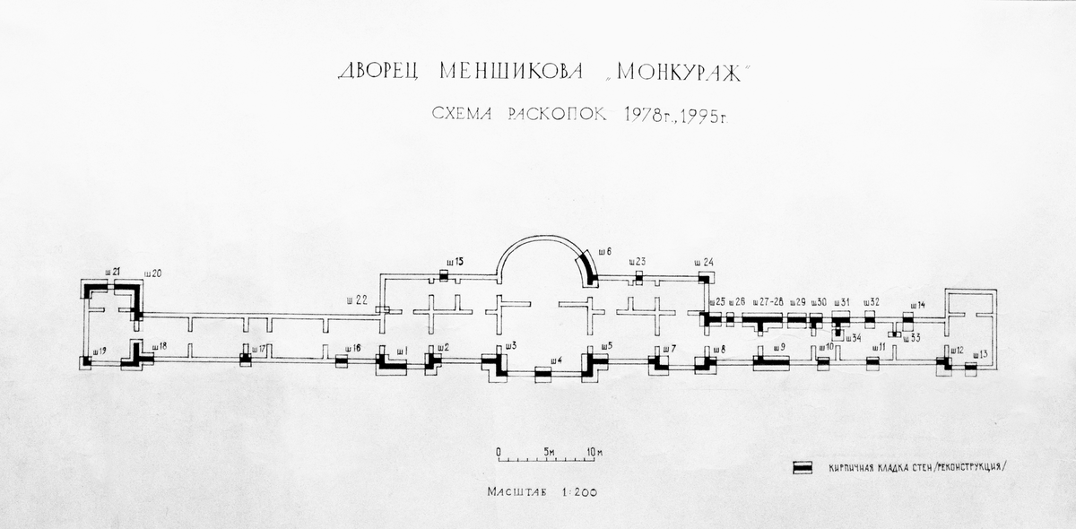Илл. 17. Коренцвит В. А. Раскопки дворца А. Д. Меншикова «Монкураж». Генплан шурфов. 1978, 1995 гг.